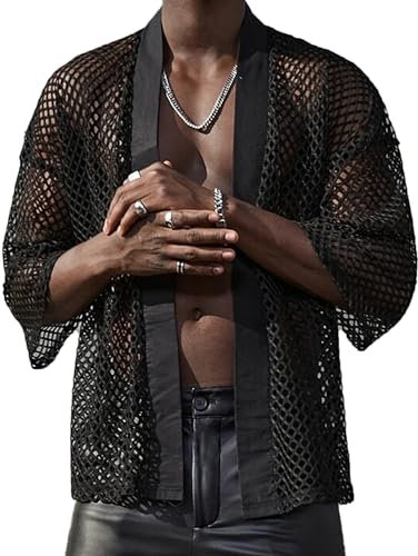 AIEOE Men's Cardigan Fishnet Top Mesh Top Transparent T-Shirt Nightclubwear Black 09 Größe 3XL