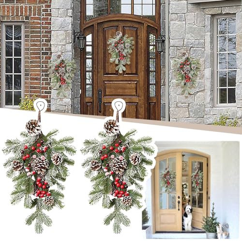 Christmas Decorations 2pc Türkranz Weihnachten Wandschmuck für Tür, rote Tropfenkegel, künstliche Dekoration, zum Aufhängen, Faux, Deko Weihnachten Weihnachtskranz Haustür (Green, One Size)