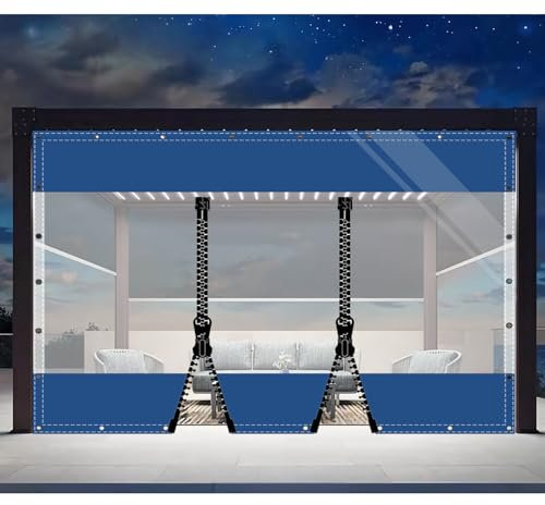 SDLLG Transparente Planen mit Ösen Trennvorhänge PVC Outdoor Plane vorhänge 0,5mm Klar Seitenplane für Pavillons, Pergola, Garage,Vorbau 2x2.2m(HxL) Blau mit 2 RV