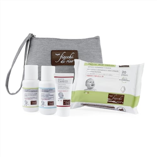 Fiocchi di Riso - POCHETTE BEBE' - Reise-Set zum Schutz der Haut: Mioderm Intimreiniger, Wechselpaste, Körper- und Haarreiniger und Talkum-Tücher ohne Talk
