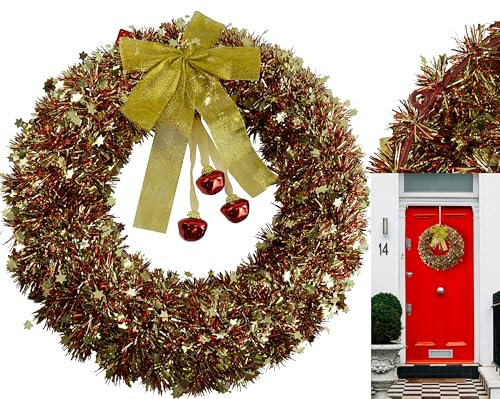 HOVUK Gold Christmas Door Wreath 40cm| Tinsel Front Door Wreath Christmas with Ball Ornaments| Christmas Holiday Wreath for Door Wall Home, Tinsel Wreaths for Door