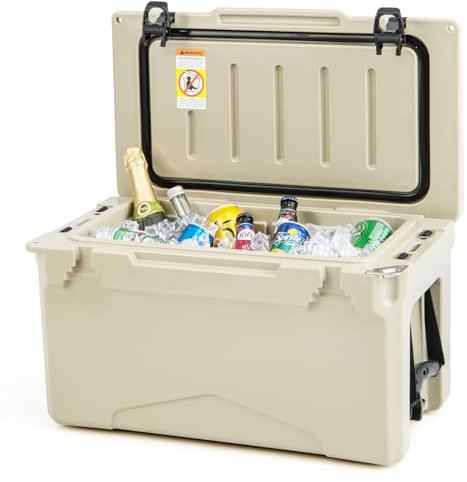 TANGZON 23L/28L Rotomolded Hard Cooler, Insulated Ice Chest with 5-7 Days Ice Retention, Drainage System, Latches & Bottle Opener, Portable Enhanced Ice Cooler Box (28L, with 2 Nylon Handles, Tan)