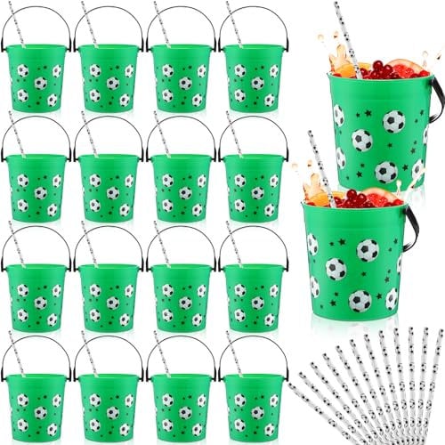 Lemosae 24 Pcs 32 oz Soccer Buckets with Handles and Straws Soccer Party Favors Rum Buckets Small Plastic Ice Soccer Cocktail Buckets Bulk Reusable Punch Bowls for Drinks Beer Beverages