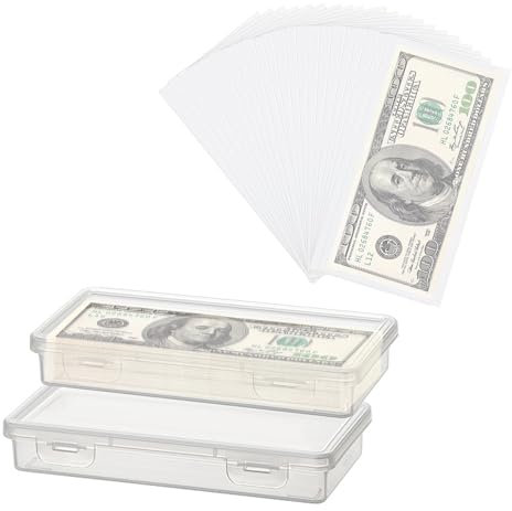 2 piezas Cajas para dinero de plástico con 100 Carteras Transparente Caja de Billetes Organizador de efectivo Titular del dinero Caja de almacenamiento de dinero 19x9,3x3 cm
