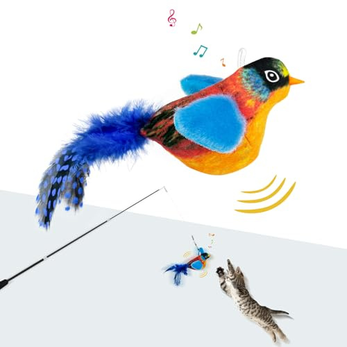 TOHDNC Katze Vogel Spielzeug mit Katzenstab, Simulation Fliegende Vögel Katze Spielzeug interaktiv mit Federn, Interaktive Katze Spielzeug für Indoor Kitty Kätzchen Übung