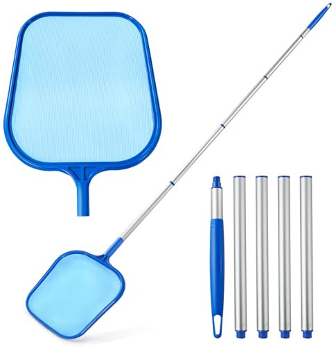 Loiyadn Skimmer per piscina – Rete skimmer per piscina con 5 sezioni in alluminio 164 cm, rete skimmer con rete a maglia fine per pulire foglie di piscine, spa, vasche idromassaggio e fontane