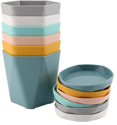 HEIYUET 6 Stück 13cm Kleine Blumentöpfe Bunt, Kleine Plastik Blumentöpfe mit Untersetzer, Plastik Pflanztöpfe mit Untersetzer, Kunststoff Blumentopf Klein für Kleine Pflanzen, Kräuterpflanze