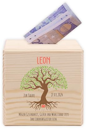 LAUBLUST Kinder Spardose Personalisiert mit Namen - Lebensbaum mit Herz | Holz Sparschwein - Personalisierte Geschenke zur Taufe, Kommunion, Konfirmation, Geburt | Taufgeschenke für Mädchen & Jungen