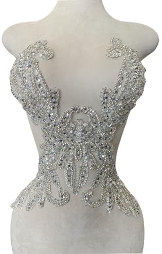 Handgefertigte silberfarbene Glas-Strass-Applikation, Mieder, Spitze, Applikation, Handnähen, Perlen, Pailletten, für Kleid, Kleidung, Röcke, verschiedene Designstile, Zubehör (X)