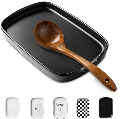 ABRUTY Spoon Rest for Stove Top, Ceramic Spoon Holder for Kitchen Counter, Modern Farmhouse Kitchen Decor Accessories for Spatula, Spoons or Tongs (D-Black, Rectangular)