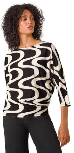 Roman Originals Blouson Top for Women UK Ladies Drop Shoulder Long Sleeve Jersey Stretchy Oversized Casual Office Jumper Soft Everyday Sweater Lounge Sweatshirt Blouses - Black Ivory - Size 12