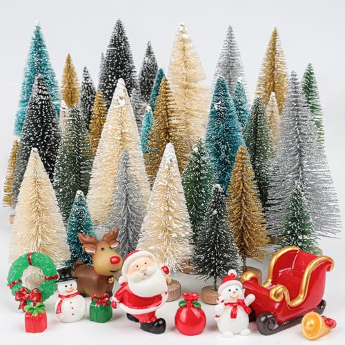 Fangoo 46pcs Mini Albero di Natale Artificiale Sisal Neve Alberelli Decorativi con Base in Legno Piccoli Mestieri in Resina per Feste di Natale e Decorazione Domestica