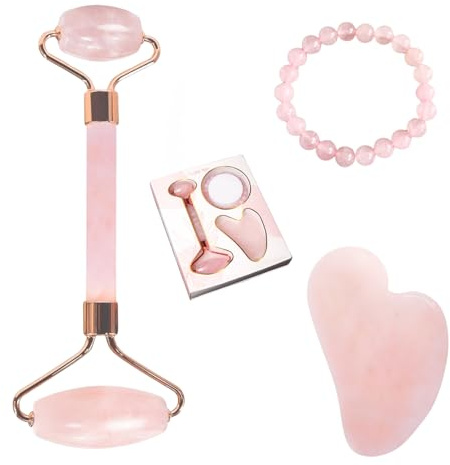 Coffret Bien-Être I LOVE YOU Vertige – Quartz Rose Naturel | Bracelet Lithothérapie, Gua Sha & Roller Visage | Cadeau Relaxation & Amour
