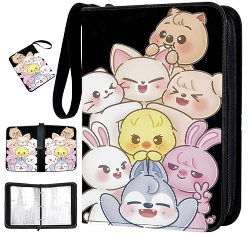 Sammelalbum für Karten, Sammelkarten Album 4 Fächer, Wasserfest Karten Heft Ordner mit Reißverschluss Tragegriff und 50 Taschen, Kpop Cute Cartoon Muster Photocard Holder Book, anime