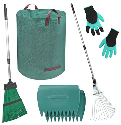 Crystals® 5-in-1 Garden Rake Tool Set | Includes Adjustable Leaf Rake, Large Leaf Grabbers, Gardening Gloves & 500L Garden Bag | Ideal for Outdoor Lawn Clean-up & Lawn Maintenance