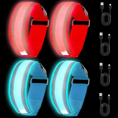 4 Stück LED Armband USB Aufladbar, LED Reflective Band Leuchtarmband LED leucht Armbänder Lichtband Kinder Leuchtbänder USB Reflektorband Leuchtarmband für Joggen Laufen Running Sports (Blau, Rot)