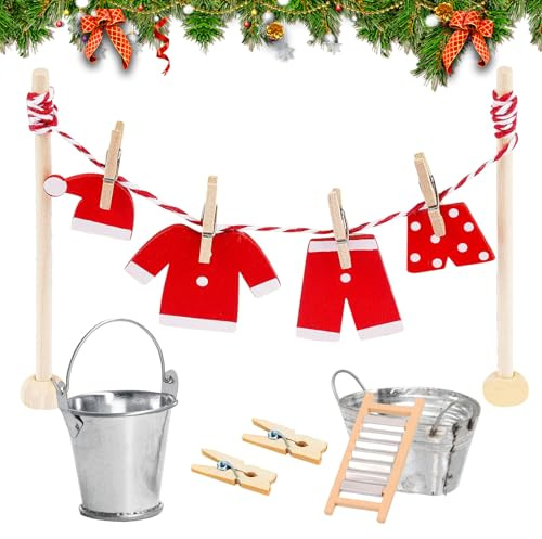 Ntwdby Wichtel Zubehör Weihnachten, 16 Stück Miniatur Wäscheständer Set, Wichtel Zubehör Wäscheständer Set, inkl. Wäscheständer, Holz Kleidung und Klammern, Miniatur Zubehör für Puppenhaus Möbel