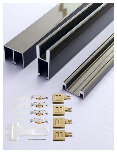Rail de poulie for porte coulissante de garde-robe, kit de quincaillerie for porte coulissante à double rail for armoires/étagères/cuisines en verre de 8 mm(Gold,59in/150cm)