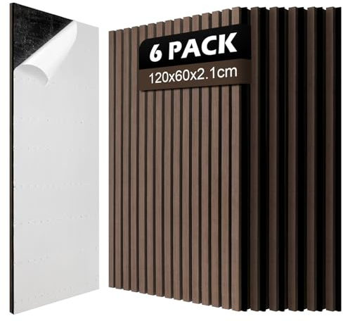 Jaxguom 6x Akustikpaneele Holz 120x60cm (4.32m²) Selbstklebend 3D Wandpaneele in Holzoptik für Schallschutz & Dekoration,Holzpaneele für Wohnzimmer,Büros,Studios,Zur Wandmontage,Walnuss