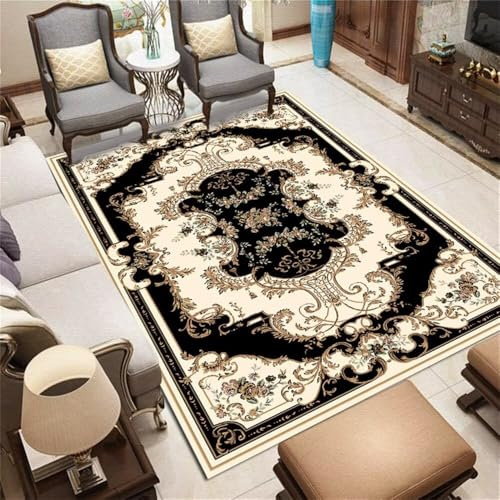 WBDYMX Kleiner Teppich 50x80CM Esszimmer Auslegware Teppichboden Beigefarbener, Retro-floraler Teppich. Schwarz Waschbare Teppiche Jugendzimmer Mädchen rutschfest