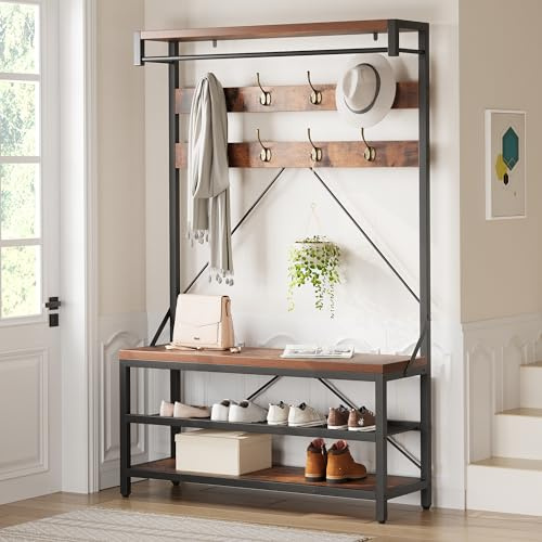Garvee Étagère de Rangement pour Chaussures, Meuble d’Entrée avec Banc, Porte-Manteaux avec 8 Crochets et Étagère, 102 x 40 x 183cm, Vestiaire, pour Couloir, Chambre, Style Industriel, Marron