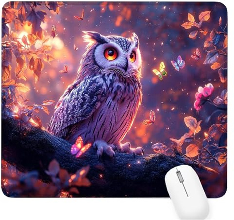 Purple Small Mouse Mat 12.60×10.24×0.12 inch,2026 New Year Gaming Mousepad Owl Mini Desk Pad with Non-Slip Base and Stitched Edge,for Wireless Mouse,Laptop,Office Home,Washable,Roll-up,Gift Men D-186