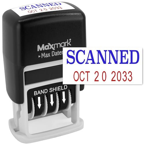MaxMark Selbstfärbestempel Rubber Datum Büro-Stempel mit Phrase BLUE INK & Date RED INK (Max Dater II), 12-Jahres-Band Schwarz GESCANNT