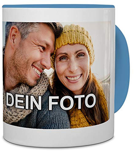 PhotoFancy® - Tasse mit Foto Bedrucken Lassen - Fototasse Personalisieren – Kaffeebecher zum selbst gestalten (Hellblau)