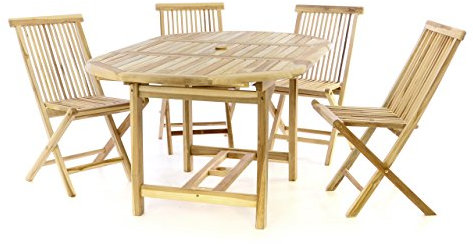 Divero Gartenmöbel-Set Terrassenmöbel-Garnitur Sitzgruppe – Esstisch 120/170 cm ausziehbar & 4 x Holzstuhl klappbar leicht – Teakholz massiv Natur