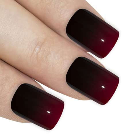 Faux Ongles Bling Art Rouge Noir Glossy 24 Squoval Moyen Faux bouts d'ongles acrylique avec de la colle