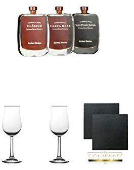 Cardenal Mendoza Collection 3 x 0,1 Liter + 2 Bugatti Nosing Gläser mit Eichstrich 2cl und 4cl + 2 Schiefer Glasuntersetzer eckig ca. 9,5 cm Ø