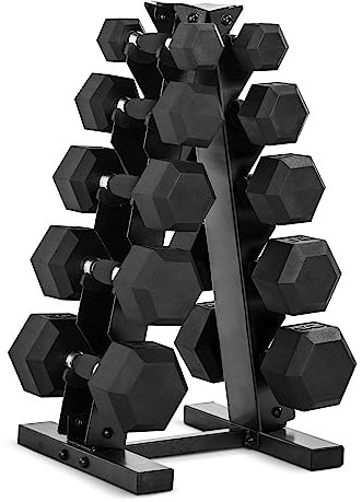 CAP Barbell 150 LB Comfort Grip Rubber Encased Hex Dumbbell Hand Weight Set with Vertical Storage Rack | Black Rack