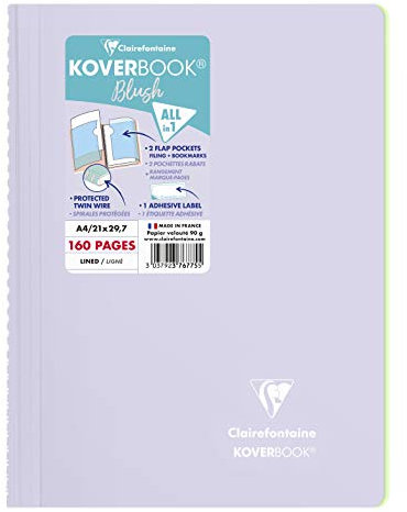 Clairefontaine 376775C Spiralblock Koverbook Blush, DIN A4, 21 x 29,7cm, 80 Blatt, liniert, 1 Stück, Lila / Grün