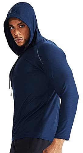 Men's Bodybuilding Long-Sleeve Hoodie Running Sweatshirts Dry Fit Performance Stretchy Polyester and Spandex Color Blue Size L