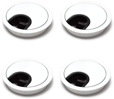 sossai® Kabeldurchführung/Kabeldurchlass/Schreibtischkanal mit Bürste für Schreibtische, Büro & Arbeitsplatten | 4 Stück | KDM1-WH | Design: Weiss | Durchmesser: 60 mm | Material: Metall