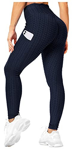 RIOJOY Damen Push Up Leggings mit Taschen, High Waist Anti Cellulite Booty Leggins für Sport Yoga Fitness, Dunkelblau L