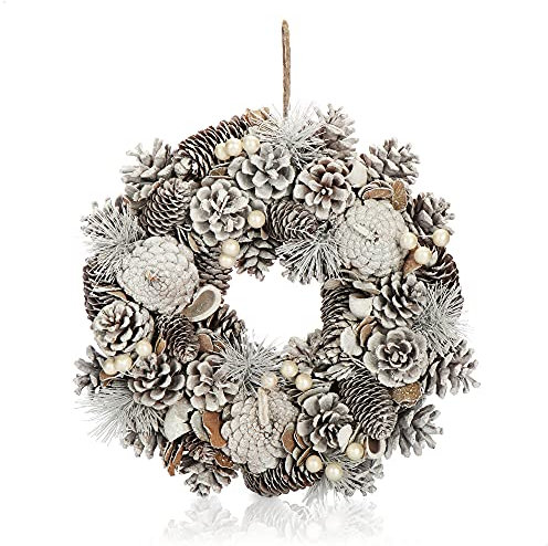 COM-FOUR® Türkranz für Weihnachten - weißer Adventskranz mit weißen Zapfen - Dekokranz - Weihnachtsdeko - Tischkranz - Weihnachtskranz