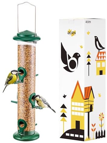 iBorn Metal Bird Feeders 6 Ports Hanging Wild Bird Seed Feeder for Mix Seed Blends, Niger Seed Feeder, Sunflower Heart, Birdbath, Heavy Duty All Metal Green Finishing 14 Inch 6Port