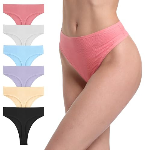 GAREDOB Lot de 6 strings en coton côtelé taille haute sans couture pour femme, 6 strings hauts-a, 4X-Large