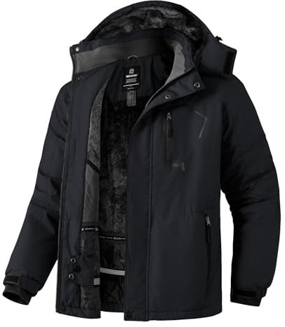 Wantdo Giacca da Sci Montagna Calda Invernale Parka da Neve Imbottita Cappotto da Snowboard in Pile Giubbotto con Cappuccio Impermeabile UomoNero-N M