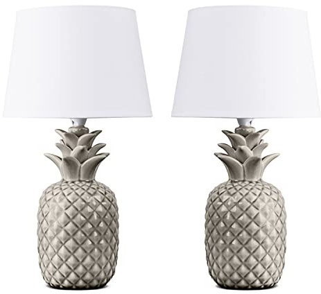 konsimo AREDI 2er Set Ananas Tischlampe - Schreibtischlampe für Wohnzimmer, Schlafzimmer und Flur - Tischleuchten Leselampe - Pineapple Lamp- Lampen Bürolampe - Weiß - Keramik und Stoff Table Lamp