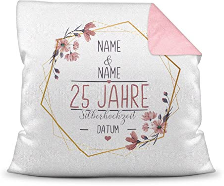 Tassendruck Kissen Hochzeitstag Silber Hochzeit - mit Name & Datum selbst gestalten - 25 Jahre Ehe, Geschenk Hochzeit, Jubiläum, Jahrestag - Farbkissen Rückseite Rosa, 40x40 cm I Personalisiert