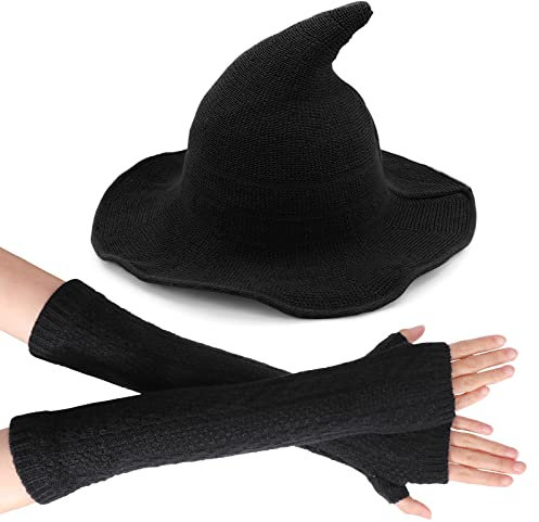 TAGVO Hexenhut Schwarz für Frauen und Mädchen, Strick Fingerlose Handschuhe, Faltbarer Halloween-Zaubererhut Filzhut, Hüte Kostüm Zubehör Kostüm für Kostümpartys, Halloween, besondere Feiertage