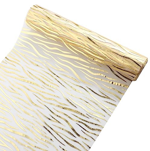 Bekeify Golden Tischläufer 28 cm × 15 m Organza Tischläufer Gold Rolle Tüll Glitzer Metallic Tischdecke Glänzend Vlies Tischband für Hochzeit Weihnachts Geburtstag Tischdeko Goldstreifenmuster