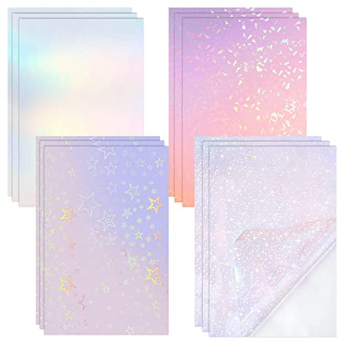 Holographische Aufkleber Papier, 12 Pcs A4 Hologrammfolie Vinylfolie A4 Holographisches transparentes Vinyl wasserdichtes selbstklebendes holografische folie durchsichtig für Dekoration(4 Stile)