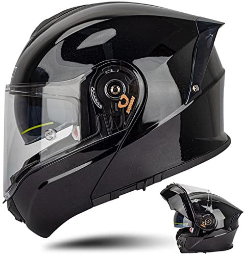 Motorradhelm Klapphelm Integralhelm Fullface Helm mit Doppelvisier Sonnenblende DOT/ECE Zertifiziert Motorrad Helm Sturzhelm für Damen Herren Erwachsene, Glänzend Schwarz-3XL(65~66cm)