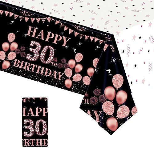 137*274cm Black Rose Gold 30th Birthday Table Cloth for Women,Happy 30th Birthday Table Decorations Plastic Tablecloths Disposable Tablecover for Woman,Ladies,Her 30th Birthday Gifts Party Decoration