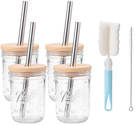Vasos para Batidos, Tarro de Cristal con Tapas Y Pajitas de Acero Inoxidable, Tarro de Albañil Reutilizable, Vasos de Boca Ancha, Vasos de Té de Burbujas para Cóctel de Café(4 piezas/500 ml)