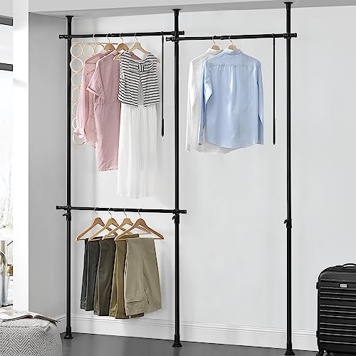 [en.casa] Teleskop Garderobensystem Kemi mit 3 Kleiderstangen zum Spannen Garderobenständer Schwarz Kleiderständer Teleskopstange verstellbar 150 – 230 cm Metall