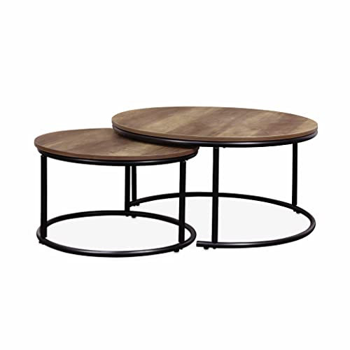 Alice's Home - Lot de 2 Tables gigognes Rondes métal Noir. décor Bois - Loft - encastrables. 1x Ø77 x H 40cm / x1 Ø57 x H 35cm